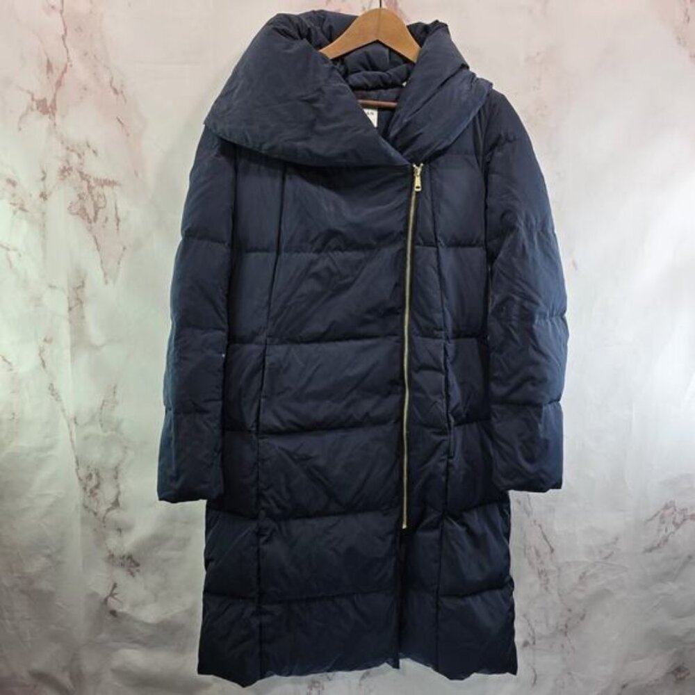 Cole Haan Down Puffer Jacket Womens Medium Blue Parka Coat Hood Long Navy
